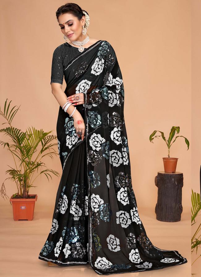 Georgette Black Wedding Wear Embroidery Work Saree